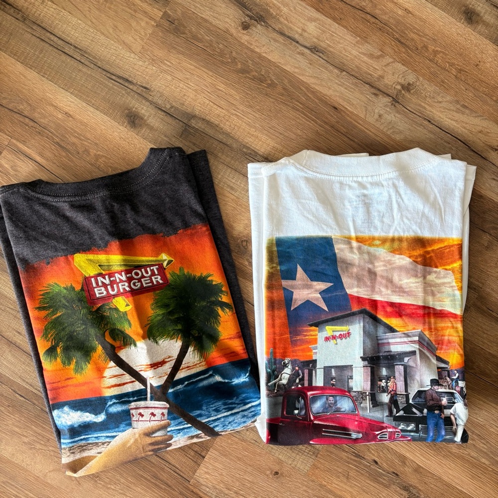 Bundle of 2 In N Out Burger California Texas T-shirts XXL Gray and White